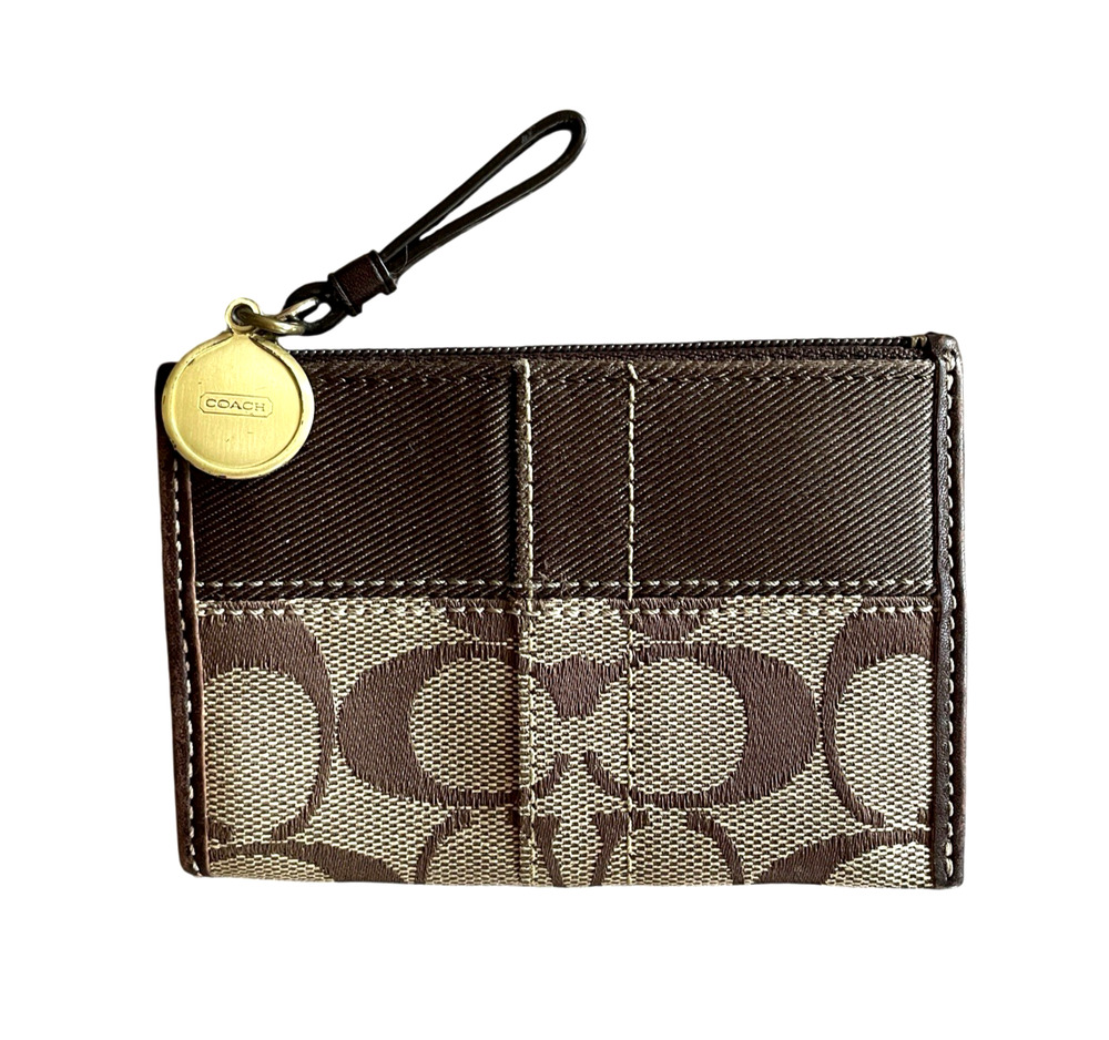 COACH Brown Signature C Top Zip Gold Coin Purse Skinny ID Change Wallet Logo